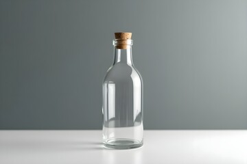 Clean Minimalist Clear Glass Bottle with Cork Stopper on White Studio Surface – Photorealistic Blank Mockup for Product Design, Branding & Packaging