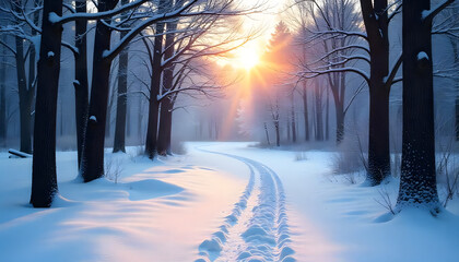 "Snow-Covered Forest with Tall Pine Trees in Winter"

