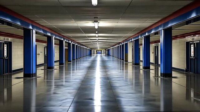 Long, empty corridor with blue and red pillars, reflecting light on polished floor, creating depth