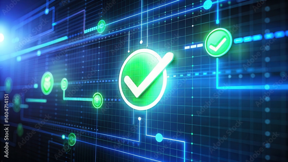 Poster green checkmarks on digital timeline background for approval concept