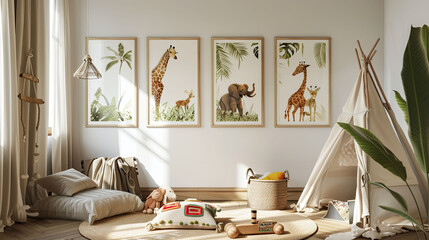 Kids room in tropics style with african animal on white posters on the wall. Interior mockup