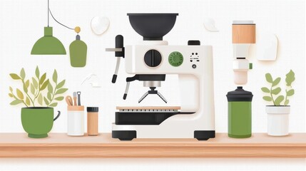 Stylish coffee brewing station home kitchen digital illustration modern minimalist elevated view daily rituals