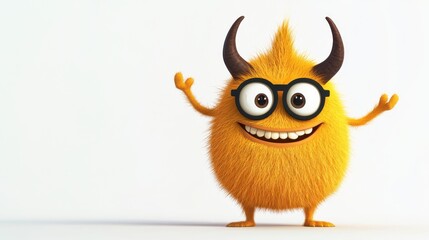 Cheerful furry monster with glasses expressing joy in a bright setting