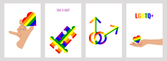 LGBT Pride Month set of colorful poster. Heart puzzle hands. Symbol LGBT pride community. Rainbow elements. Banner design cover magazine, layout, brochure, flyer. Vector illustration.
