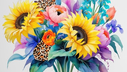 Fototapeta premium Sunflowers surrounded by florals on a white background