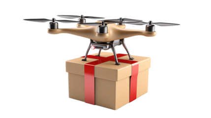 Drone carrying a gift box with a red ribbon on black background