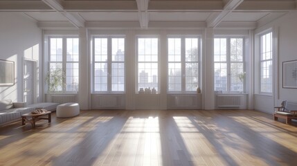 Obraz premium Bright and airy modern living room with large windows showcasing a city skyline in the background