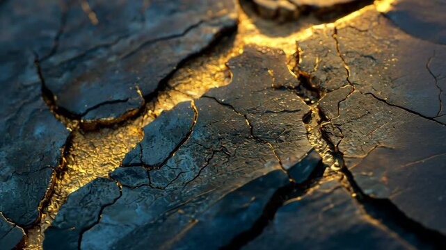 Close up of cracked metal, metal with gold and blue patina