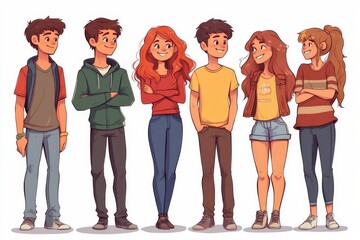 illustrations, group of smiling friends standing together. Set Fashion teenage boys and girls embracing each other. Happy people isolated on white background. Detalized, Generative AI