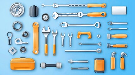 Repair tools arrangement workshop clean artwork blue background top-down view precision design