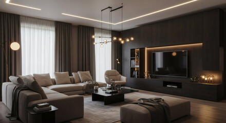 Fototapeta premium Luxurious minimalist family room with dark wood, stone, and cozy modern elements