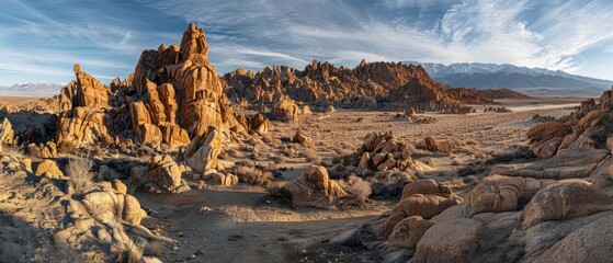 Obraz premium Panoramic view of rugged rock formations under a clear sky in a remote desert landscape