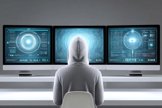 A hooded figure browsing anonymously on the dark web with multiple monitors