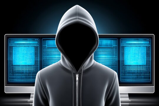 A hooded figure browsing anonymously on the dark web with multiple monitors