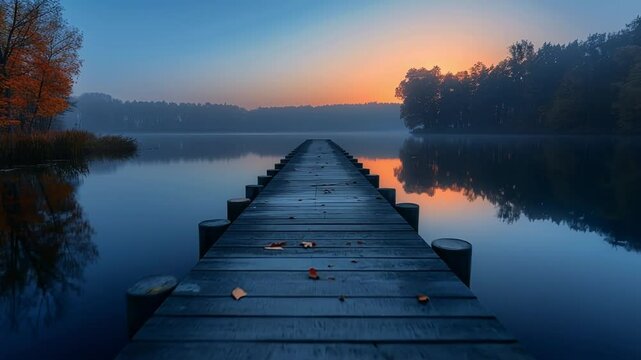 Serene dock at sunrise over calm water. A tranquil dock extends over still water, surrounded by autumn trees, as the sun rises and casts a warm glow.