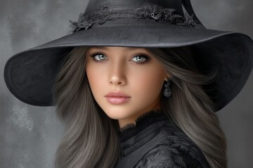 A hyper realistic portrait of a Halloween witch with detailed makeup, textured black hat, and misty background