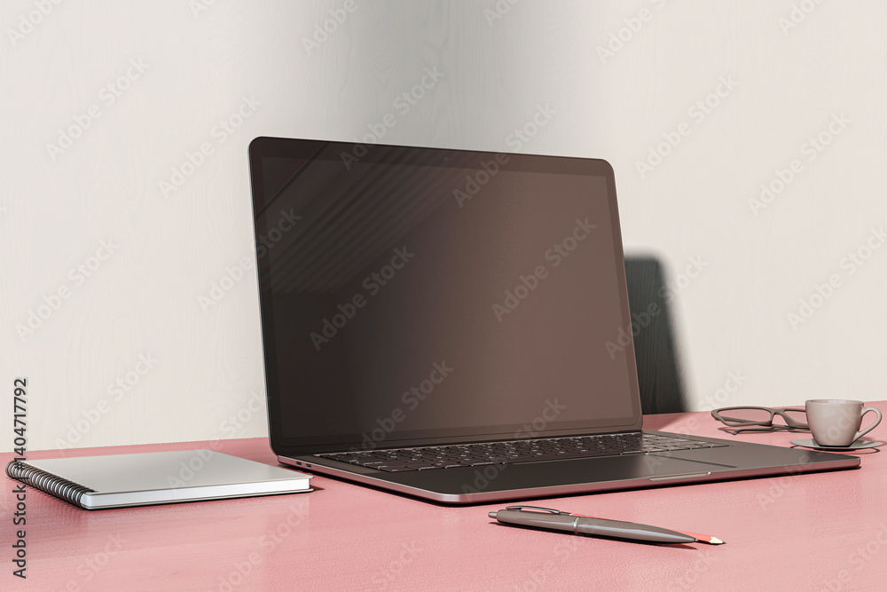 Poster modern workspace mockup with blank laptop screen on wooden desk in softly backlit interior office ro
