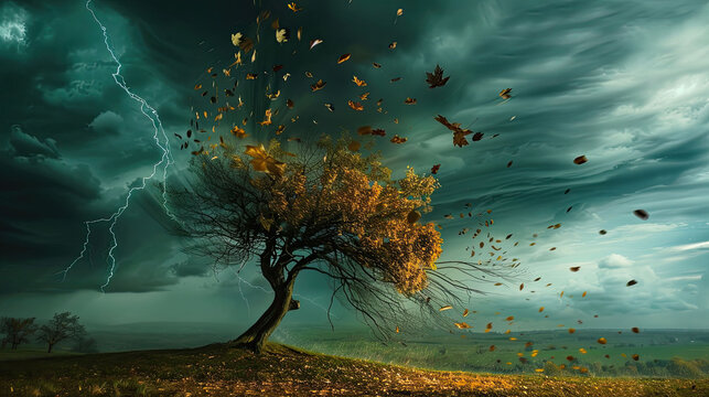 Tree bending in strong wind, dark stormy sky and leaves flying in the air. High-speed photography