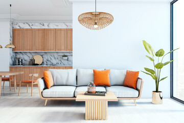 Modern living room interior with light furniture, orange pillows, minimalist decor, and open kitchen in soft daylight ambiance. 3D Rendering
