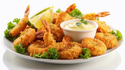 Fototapeta premium Crispy Fried Shrimp Platter: A delectable arrangement of golden-fried shrimp served with a side of creamy dipping sauce, garnished with fresh lime and lettuce.