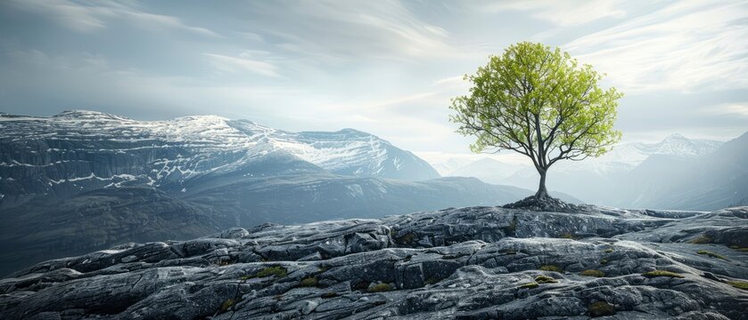 A solitary green tree stands on rocky terrain with majestic mountains and a cloudy sky in the background - Powered by Adobe