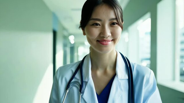 Portrait of mature family doctor female asian warming up on surface with statoscope standing in hospital corridor. Medical technology and healthcare business concept