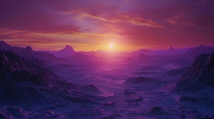 Majestic sunset over a serene alien landscape with mountains and valleys under a colorful sky
