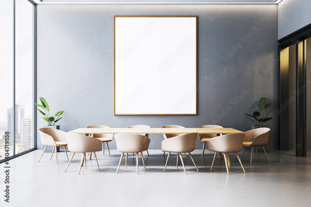 Poster modern conference room interior with blank vertical canvas frame on wall for mockup display in brigh
