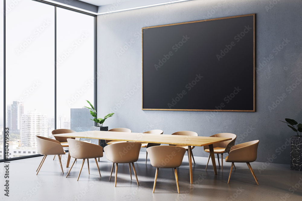 Poster modern conference room interior with large blank canvas frame on wall and city view through glass wi