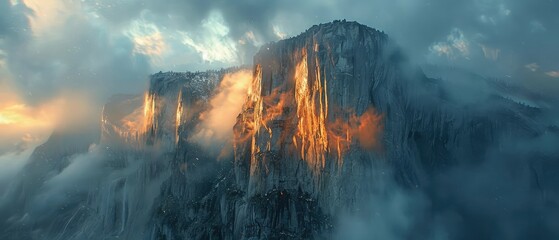 Majestic mountain landscape at sunset, with dramatic clouds and light illuminating rocky cliffs