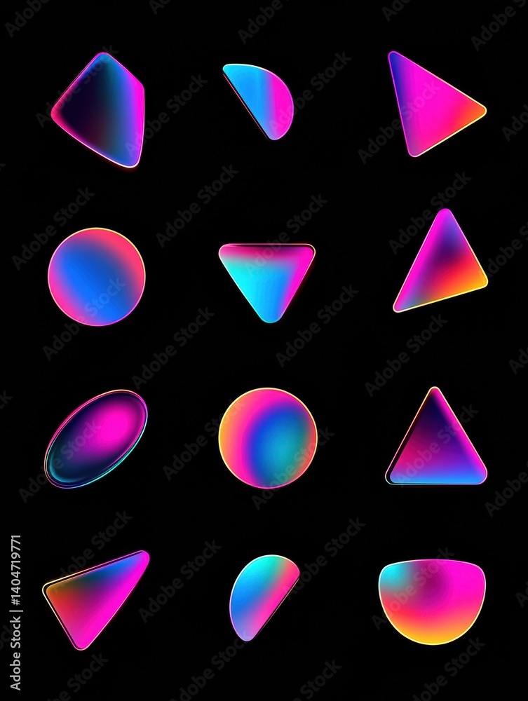 Poster Neon gradient sticker shapes on a deep black background with glossy reflections and high contrast effects create a vibrant visual experience