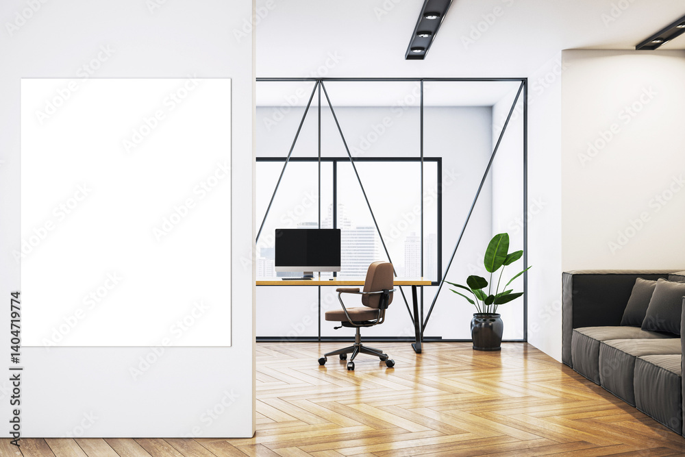 Poster modern office interior with blank white canvas on wall in front of stylish workspace with desk, comp