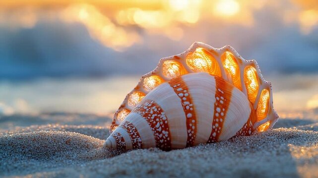 Seashell on sandy beach. A vibrant seashell lies on the sandy shore as waves gently wash nearby at sunset, highlighting its intricate patterns.