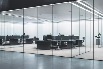Modern glass-walled office interior with clean empty workstations and contemporary furniture in a bright business building environment. 3D Rendering
