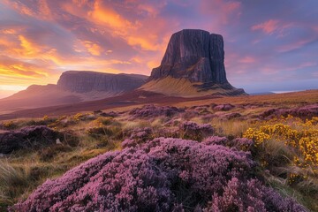 Majestic mountain landscape at sunset with vibrant clouds and blooming heather in the foreground