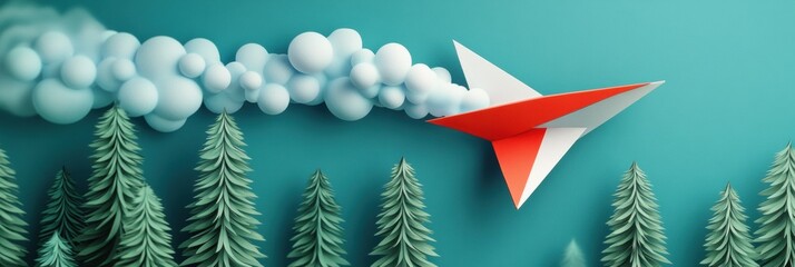 Creative paper airplane soaring above illustrated pine trees with cloud mist trailing behind