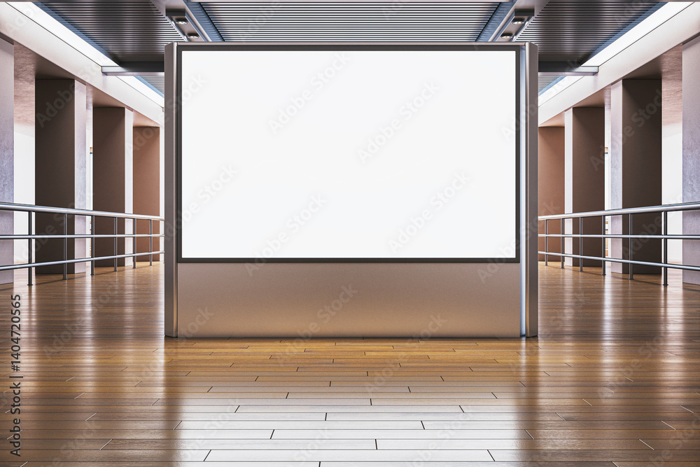 Poster blank billboard mockup in modern hallway with wooden floor and metal railings, perfect for advertisi