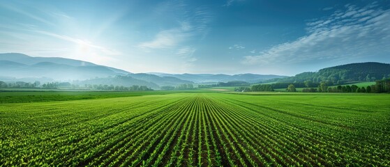 Lush green farmland under a clear blue sky with distant mountains and soft morning light