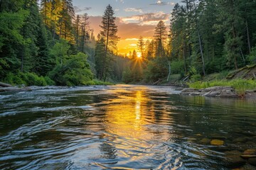 Serene sunset over a tranquil river surrounded by lush trees, reflecting golden hues in the water