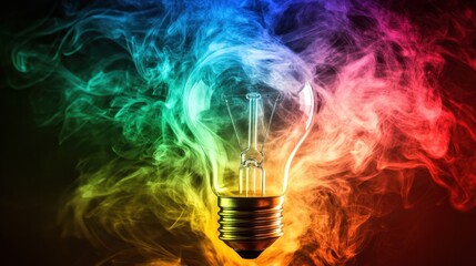 Vivid multicolored smoke spiraling into light bulb shape