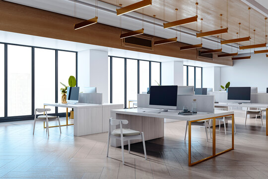 Modern open-plan office interior with minimalist furniture, large windows, and bright natural lighting in a clean corporate workspace environment. 3D Rendering