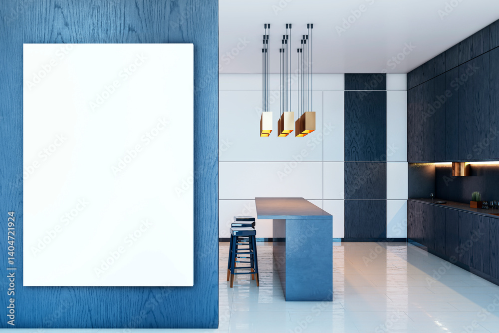 Poster modern kitchen interior with blank canvas mockup on blue wood wall for design display or poster pres
