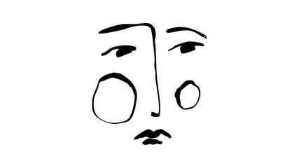 Sad face animation, emotion, line drawing doodle sketch, loop, 4K video, black and white