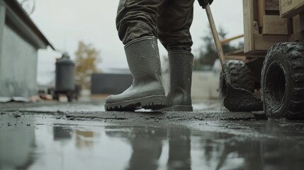 Skilled concrete worker leveling fresh cement. Featuring accuracy and strength