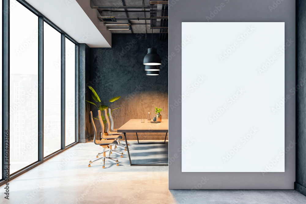 Poster modern office interior with blank vertical poster mockup on gray wall and meeting room view with lar