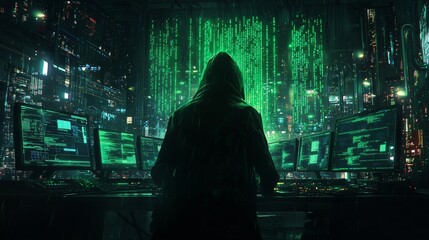 Silhouette of mysterious hacker in hoodie surrounded by glowing green code on multiple screens in dark cyber city atmosphere