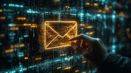 Digital hand reaching for glowing email icon against cyber matrix backdrop suggesting phishing threat and data vulnerability in cyberspace