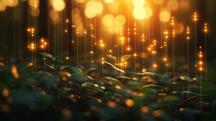 Emerging Green Plant Under Warm Sunlight With Digital Light Trails Representing Renewable Energy And Sustainable Financial Innovation