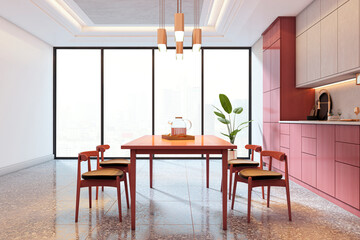 Modern kitchen interior with red cabinets and dining table in bright room with large windows and city view in the background. 3D Rendering