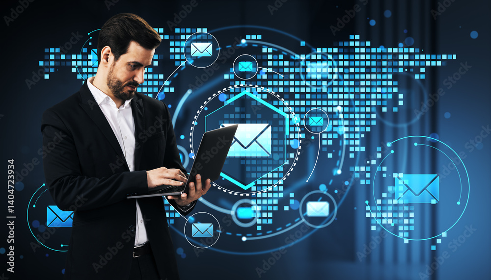 Aufkleber businessman using laptop for email communication with digital global mail icons on dark technology b